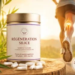 Complément alimentaire Régénération Silice de Pachamama Phyto à base de silice végétale issue du bambou, présenté avec des gélules, des tiges de bambou et une illustration évoquant la mobilité articulaire.