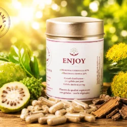 Complément alimentaire Enjoy Pachamama Phyto avec gélules, noni et rhodiola pour soutenir la vitalité et le bien-être mental.