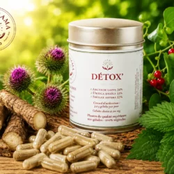 Complément alimentaire Détox' Pachamama Phyto avec gélules, racine de bardane, ortie et salsepareille, conçu pour accompagner les fonctions naturelles de détoxification de l'organisme.