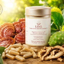 Boîte du complément alimentaire I.D.L Pachamama Phyto avec gélules, reishi, noni et rhodiola sur fond végétal lumineux.