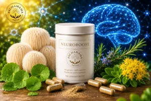 Boîte de NeuroBoost Pachamama Phyto entourée de feuilles de gotu kola, romarin, fleurs de rhodiole et champignons médicinaux, avec des gélules ouvertes laissant apparaître une poudre fine au premier plan, devant une illustration lumineuse représentant un cerveau et un réseau neuronal.