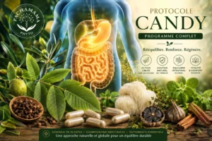 Illustration du Protocole Candy complet avec système digestif mis en lumière, feuilles de noyer, feuilles d’olivier, clous de girofle, héricium et gélules végétales pour le soutien du microbiote et de l’équilibre intestinal.