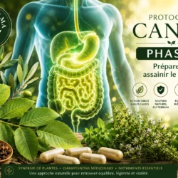 Protocole Candy Phase 1 avec système digestif mis en lumière, feuilles de noyer, feuilles d’olivier, thym, origan, clous de girofle et gélules végétales pour soutenir le microbiote et l’équilibre intestinal.