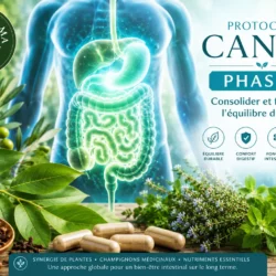 Illustration du Protocole Candy Phase 3 mettant en scène la consolidation des équilibres digestifs grâce à une association de plantes, champignons et nutriments dans une approche de maintien à long terme.