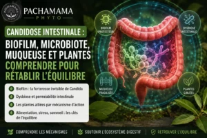 Infographie pédagogique sur la candidose intestinale montrant un intestin entouré des notions de biofilm protecteur, dysbiose intestinale, muqueuse fragilisée et plantes ciblées, avec une représentation du microbiote et de l’équilibre digestif.