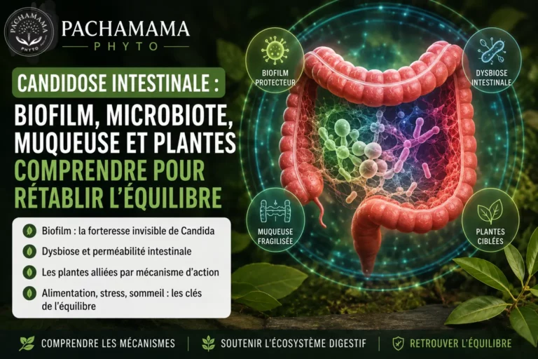 Infographie pédagogique sur la candidose intestinale montrant un intestin entouré des notions de biofilm protecteur, dysbiose intestinale, muqueuse fragilisée et plantes ciblées, avec une représentation du microbiote et de l’équilibre digestif.