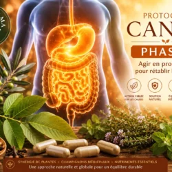 Illustration du Protocole Candy Phase 2 avec système digestif lumineux aux teintes ambrées, feuilles de noyer, feuilles d’olivier, thym, origan, clous de girofle et gélules végétales dans une approche de soutien du microbiote et de l’équilibre intestinal.