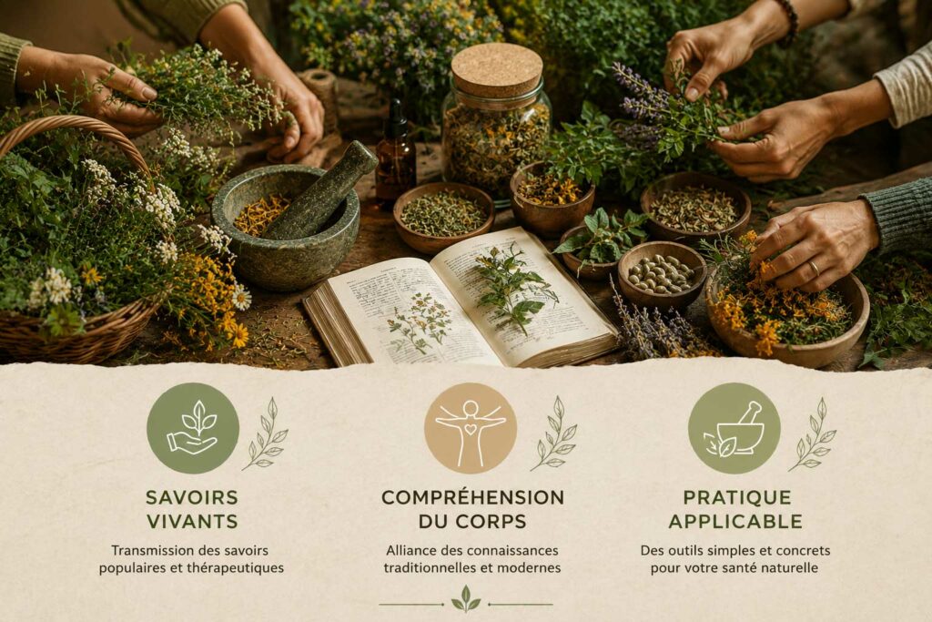 Mains manipulant des plantes médicinales fraîches et séchées autour d'une table d'herboristerie avec mortier, livre botanique et préparations naturelles, illustrant une formation en phytothérapie et herboristerie.